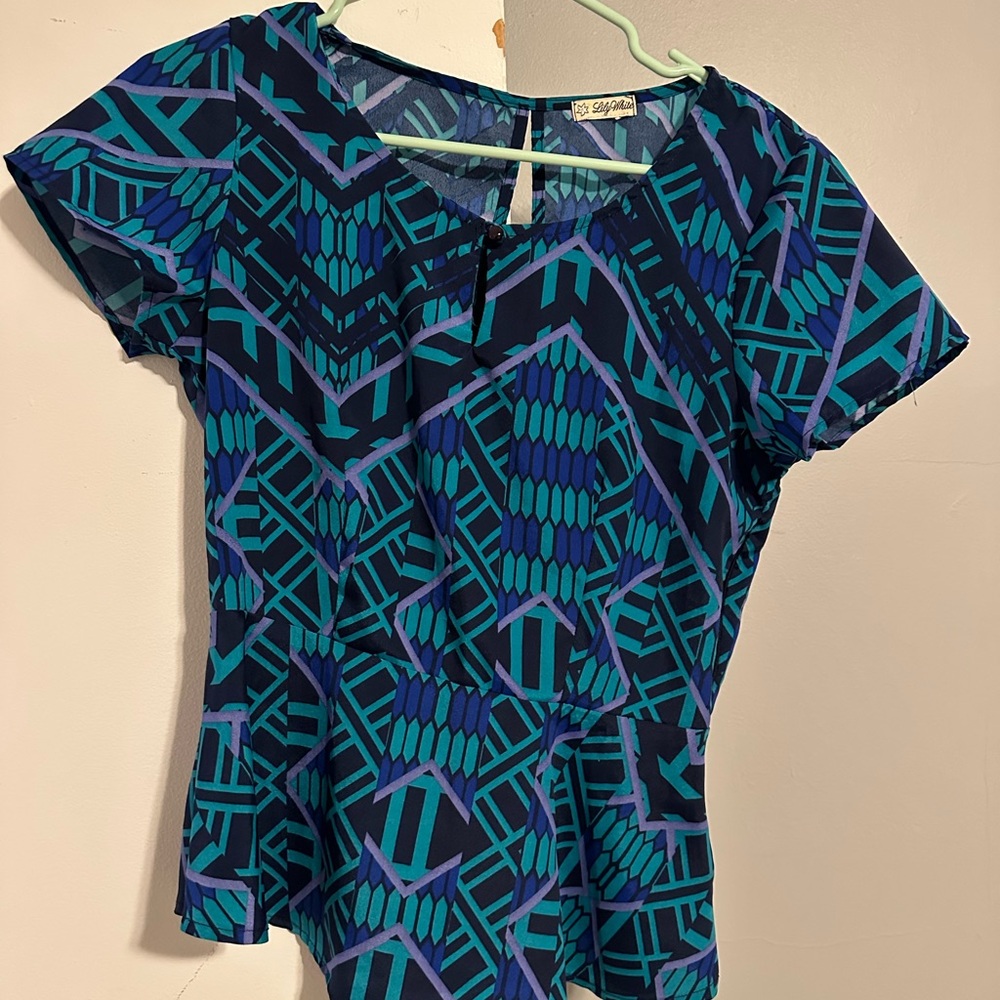 Lily White Blue and Teal Geometric Blouse